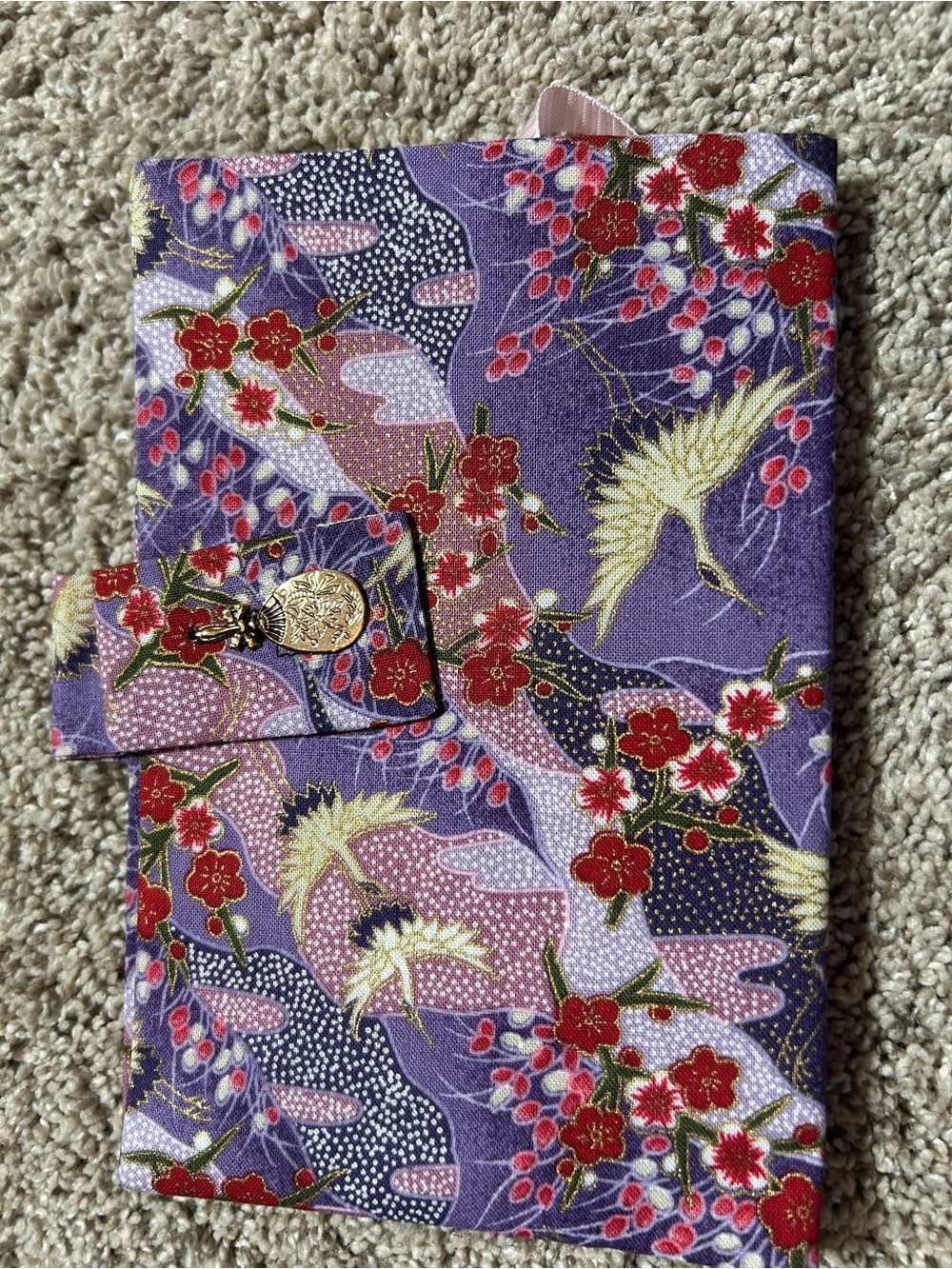 Japanese Washi Fabric Book Cover Purple Floral Crane Print with Ribbon Marker